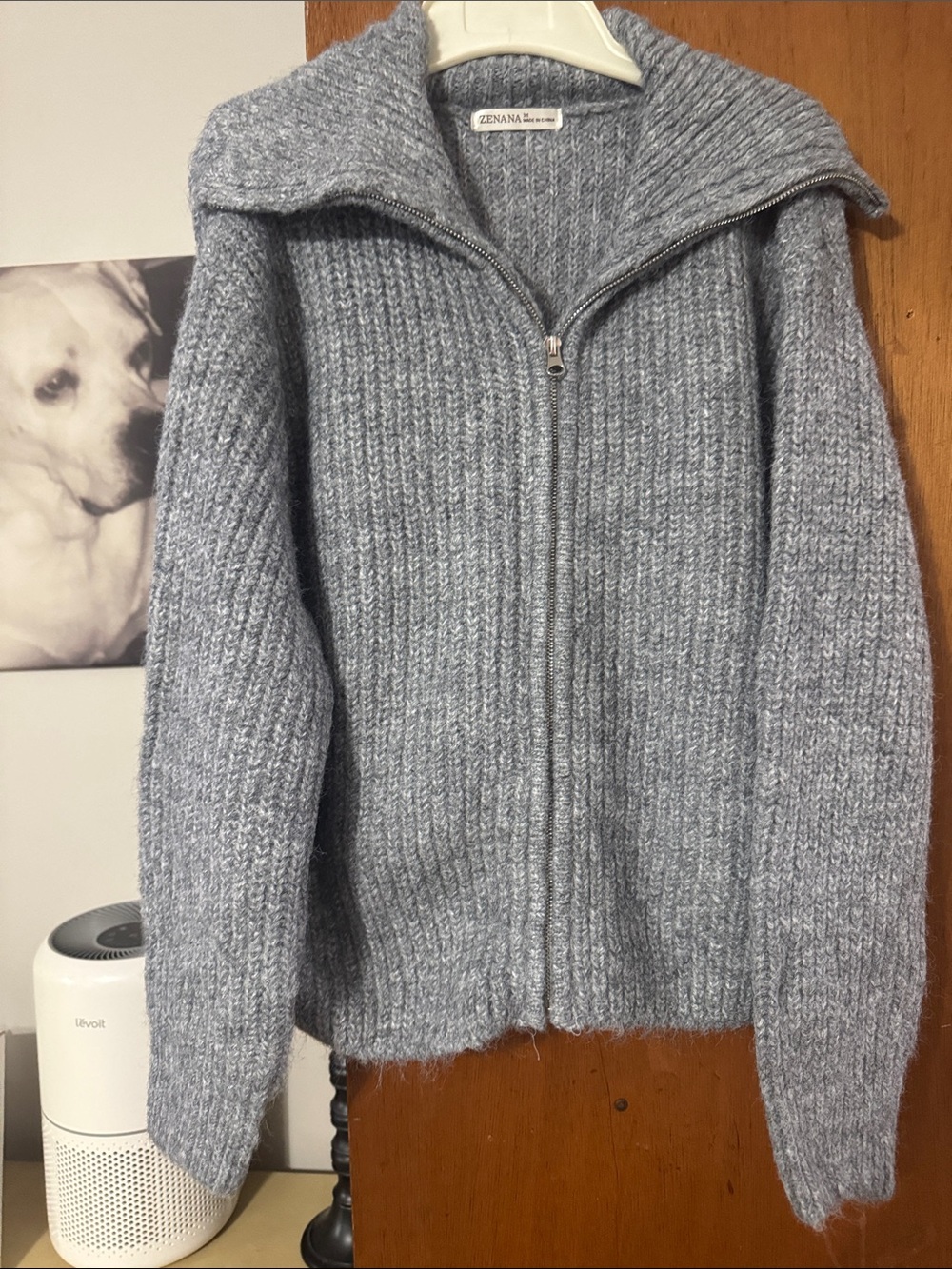 Zenana Outfitters Heathered Gray Zip-Up Ribbed fuzzy Sweater
